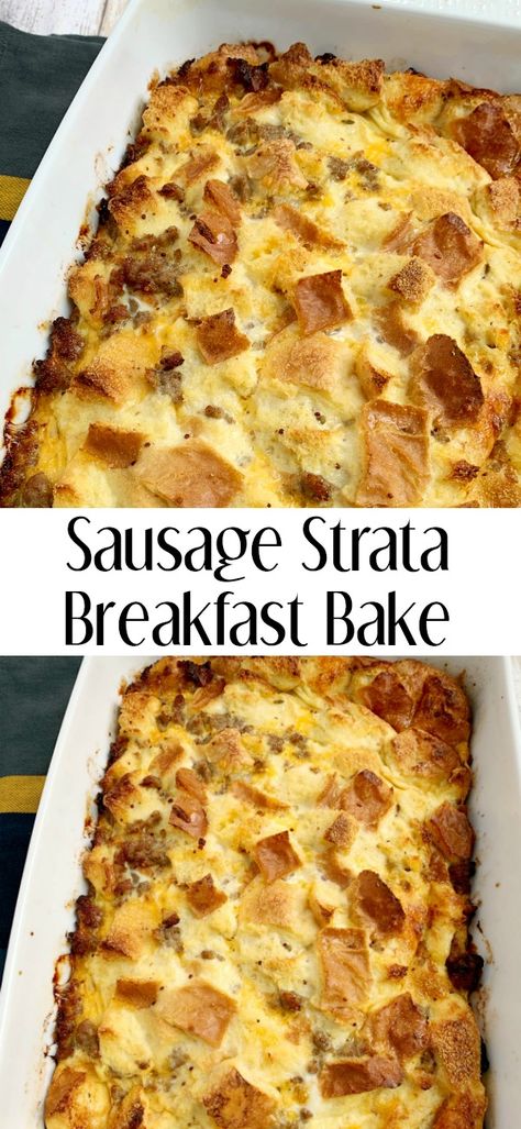 An overnight breakfast casserole, Sausage Cheese Strata, is filling and perfect for brunch! Breakfast Casserole Without Cheese, Strata Breakfast, Cheese Strata Recipe, Sausage Strata, Strata Recipes Breakfast, Sausage Egg Breakfast Casserole, Breakfast Casserole With Bread, Cheese Strata, Strata Recipes