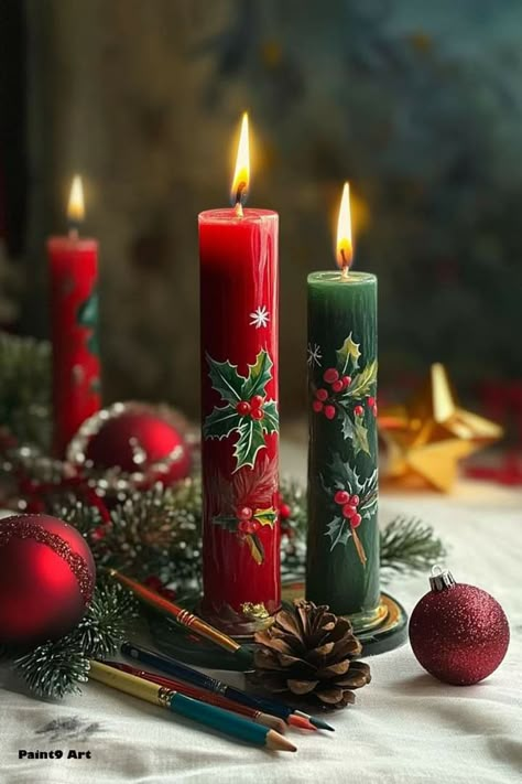 Painted Mistletoe, Festive Decor Ideas, Christmas Candles Diy, Christmas Candlesticks, Painted Candlesticks, Candle Decorations, Sales Agent, Candle Ornament, Festive Activities