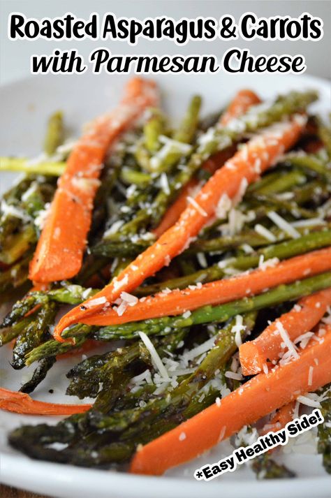 This Roasted Asparagus and Carrots with Parmesan Cheese recipe is so quick and easy to make! It comes together with just a few simple ingredients: asparagus, carrots, olive oil, Parmesan cheese, salt and pepper. This simple vegetarian side dish pairs well with just about any entree you are serving! Asparagus Carrots Recipes, Carrots Asparagus Roasted, Roasted Carrots And Asparagus Recipes, Roasted Carrots And Asparagus, Roasted Asparagus Recipes, Carrots And Asparagus, Asparagus Carrots, Asparagus Side, Vegetarian Side Dish Recipes