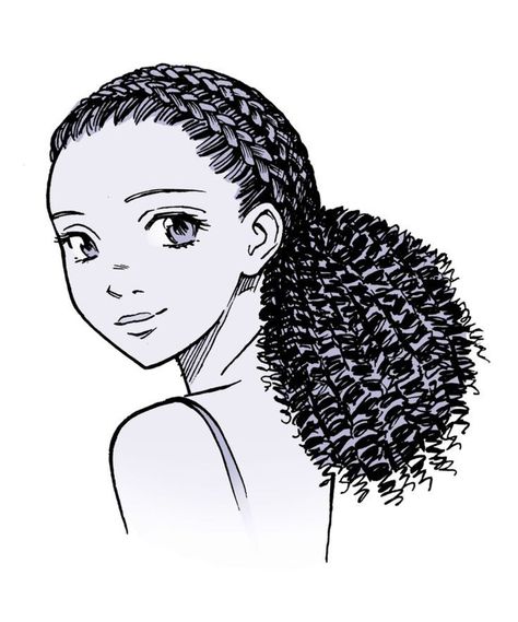 Curly Ponytail Drawing, Afro Sketch, Afro Hair Drawing, Anime Curly Hair, Manga Female, Anime Ponytail, Sketches Cartoon, Ponytail Drawing, Side Ponytail Hairstyles