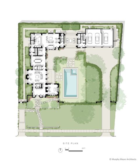 Courtyard House - Site Plan showing the public entry and private drive separated on opposite sides of the site by a central outdoor space. Farm Site Plan Design, Site Plan House, Residential Site Plan, House Site Plan, Site Plan Design, Architecture Site Plan, Courtyard Pool, Modern Floor Plans, Courtyard House Plans