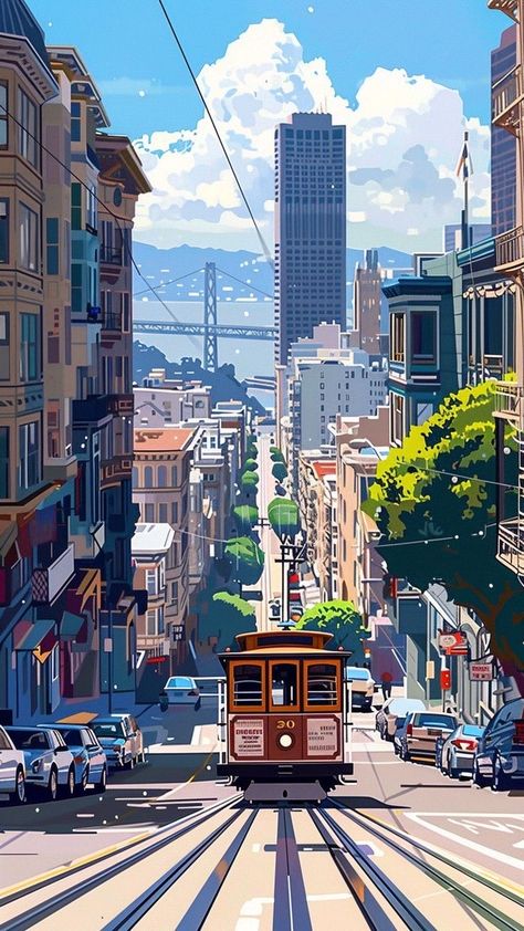 San Francisco Illustration Art, Cityscapes Drawing, City Scape Illustration, San Francisco Drawing, City Street Illustration, San Francisco Illustration, City Animation, San Francisco Painting, San Francisco Wallpaper