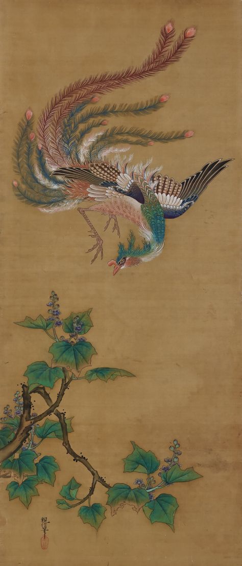 19th Century Japanese Silk Painting by Kano Chikanobu. Phoenix & Paulownia. Japanese Silk Painting, Chinoiserie Paintings, Japanese Bird, Chinese Paintings, Japanese Screen, Spring Scene, Phoenix Art, Japanese Embroidery, Japanese Silk