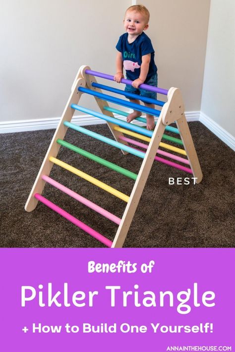 Montessori Triangle, Pikler Triangle Wall Storage, Diy Climbing Triangle, Pickler Triangle Diy, Pikler Triangle Playroom, Diy Pikler Triangle Plans, How To Make A Pikler Triangle, Diy Pikler Triangle, Outdoor Pikler Triangle