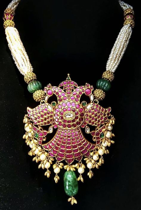 Gandaberunda Jewellery, Gandaberunda Pendant, Ganda Berunda, Dollar Design, Ruby Necklace Designs, Ruby Jewelry Necklaces, Matha Patti, Gold Temple Jewellery, Mala Jewelry