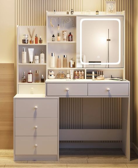 A must have white makeup vanity! Vanity With Lots Of Storage, Vanity With Shelves On Side, Vanity Ideas With Storage, Vanity With Shelf, Storage Vanity, Vanity With Shelves, Cool Vanity, Make Up Table Ideas, Makeup Vanity Decor