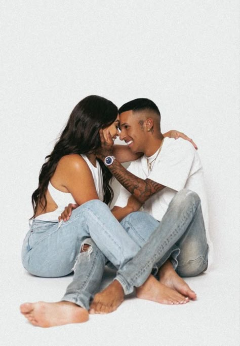 Couples Jeans Photoshoot, White Tee And Jeans Photoshoot Couple, Couples Denim Photoshoot, White Shirt And Jeans Couples Photoshoot, Jeans Couple Photoshoot, White Shirt Blue Jeans Couple Photoshoot, Old School Couples Photoshoot, Husband And Wife Photoshoot, Couple Photoshoot Studio