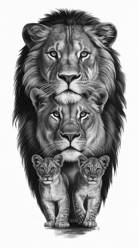 Two Lion Cubs Tattoo Design, Lion Lioness And 2 Cubs Tattoo, Realism Lioness Tattoo, Tiger And Flower Tattoo Half Sleeves, Tiger Family Drawing, Lion And Lioness Tattoo Design, Lion Tattoo Stencil For Men, Lion With 2 Cubs Tattoo, Aesthetic Lion Tattoo