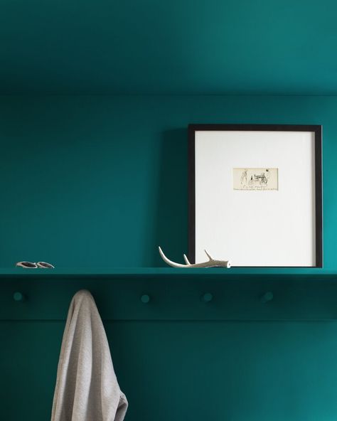 A handsome hue that reveals depths of emerald and sapphire. Benjamin Moore Teal, Quaint House, Farmhouse Reno, Benjamin Moore Blue, Moody Bathroom, Bavarian Forest, Teal Paint, House Color Palettes, Wood Stain Colors