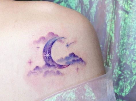 Galaxy Moon Tattoo, Colored Moon Tattoo, Color Moon Tattoo, Watercolor Moon Tattoo, Moon Tattoo Color, Galaxy Tattoo Ideas, Watercolor Galaxy Tattoo, Tattoo Designs With Meaning, Designs With Meaning