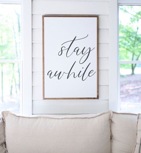 Living Room Signs, Farmhouse Wall Decor Living Room, Stay Awhile Sign, Family Wood Signs, Entryway Wall Decor, Custom Wooden Signs, Handmade Signs, Wood Frame Sign, Living Room Wall Decor