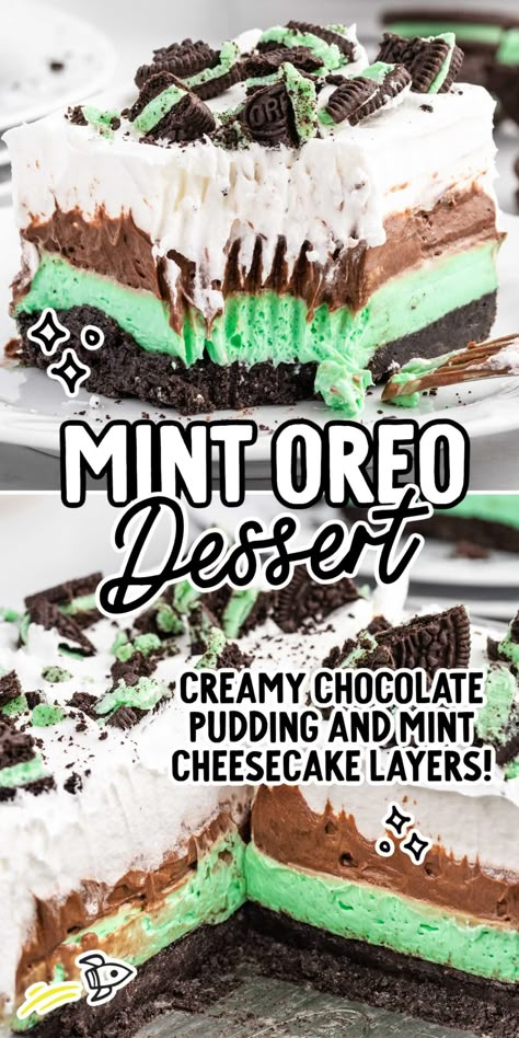 Mint Oreo Dessert St Pattys Dessert Recipes, Mint Oreo Dessert, Mint Oreo Cheesecake, Mint Dessert, Mint Chocolate Desserts, Peppermint Dessert, Mint Desserts, Oreo Desserts, Mint Oreo