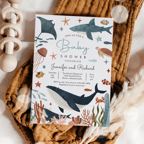 Under the Sea Ocean Animals Baby Shower Invitation All designs are © PIXEL PERFECTION PARTY LTD Shark Baby Shower, Ocean Baby Showers, Sea Whale, Turtle Baby, Animal Baby Shower Invitations, Sea Baby Shower, Animals Baby Shower, Ocean Nursery, Nautical Baby