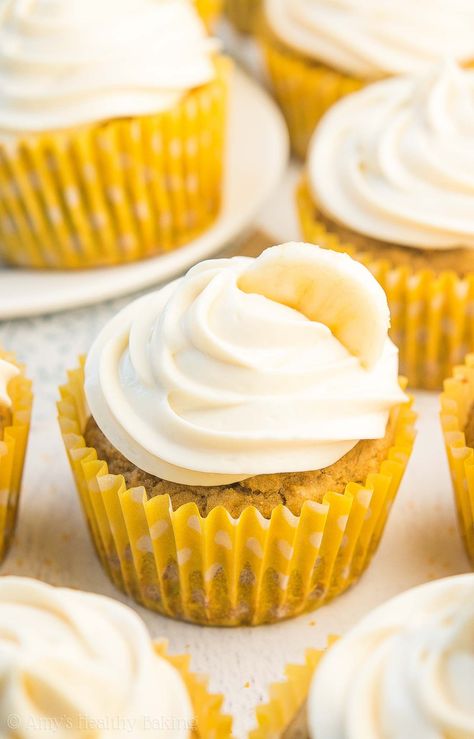 Banana Cupcake Recipe, Fancy Bakery, Healthy Cream Cheese Frosting, Banana Cupcake, Healthy Cream Cheese, Cream Cheese Frosting Easy, Cupcake Cream, Healthy Cupcakes, Healthier Sweets