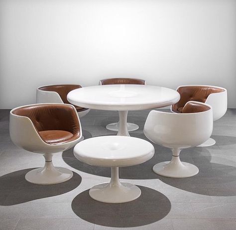 Eero Aarnio's “Cognac” chairs & “Kantarelli” table, Asko, Finland, 1968 60s Minimalism, Graphic Chair, 1960s Architecture, Futuristic Theme, Vintage Dining Set, Bubble Chair, Eero Aarnio, Home Goods Furniture, Mcm Design