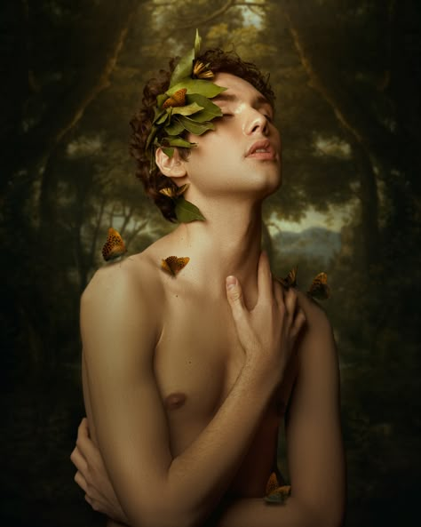 Butterfly Elf on Behance Soft Male Pose Reference, Ethereal Poses Male, Fairy Boy Aesthetic, Elf Photography, Elf Photoshoot, Fairy Man, Fae Aesthetic, Butterfly Man, Fairy Photography