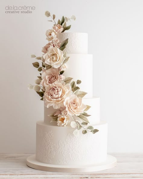 Wedding Cake With Fondant Flowers, Waterfall Wedding Cake, Three Tier Wedding Cake With Flowers, Roses Wedding Cake, Two Tier Wedding Cake With Flowers, Eucalyptus Wedding Cake, Wedding Cake Flowers, 3 Tier Wedding Cake, Dusty Pink Wedding Flowers