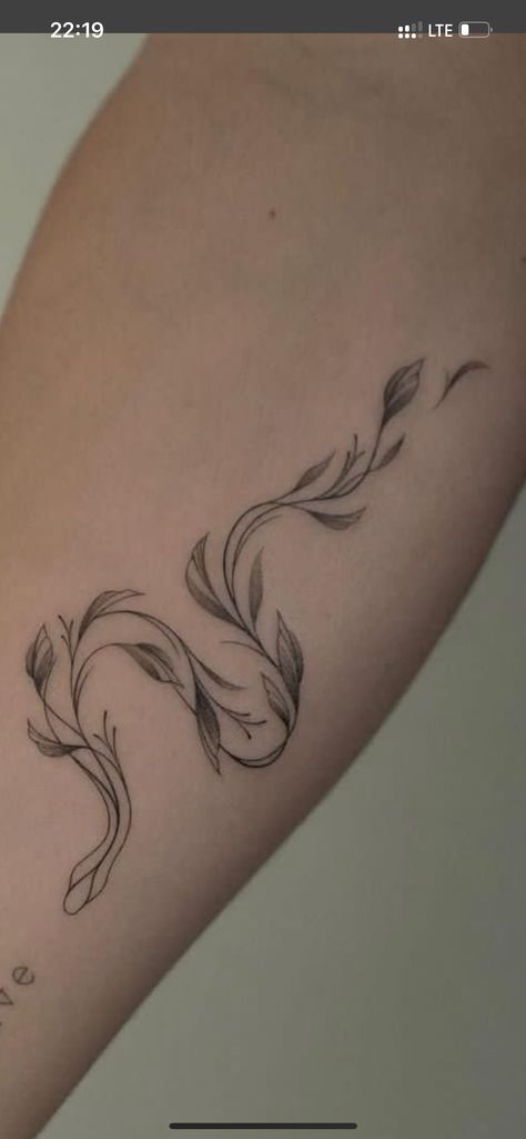 Snake With Flowers Tattoo Simple, Small Fine Line Snake Tattoo, Whimsical Snake Tattoo, Mid Spine Tattoos For Women, Snake Bicep Tattoo Women, Snake Vine Tattoo, Snake Arm Band Tattoo, Snake Arm Tattoo Women, Back To Shoulder Tattoo