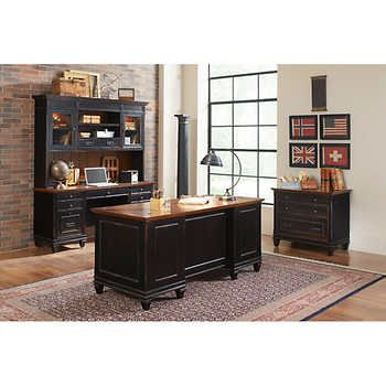 Harrington Desk, Credenza & File Cafe Industrial, Double Pedestal Desk, Black Home Office, Wood Credenza, Home Office Furniture Sets, Pedestal Desk, Office Suite, Office Set, Executive Desk