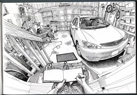 Explore paul heaston's photos on Flickr. paul heaston has uploaded 9916 photos to Flickr. Garage Drawing, Perspective Drawing Lessons, Inspirational Illustration, Drawing Journal, I'm Crazy, Interior Sketch, Perspective Art, Perspective Drawing, The Garage