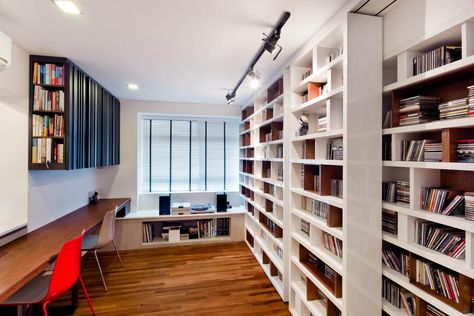 Sliding cabinets/ storage - floor to ceiling: minimise dust but need easy access to top sections- ladder/ step? Prefer not to have deep shelves, therefore sliding layers. - Preference for minimal exposed surface area: no exposed bookshelves. Have some sort of cover/ door Study Interior, Modern Shelf Design, Sliding Cupboard, Craft Room Tables, Singapore Interior Design, Singapore Interior, Study Interior Design, Interior Design Singapore, Home Library Design