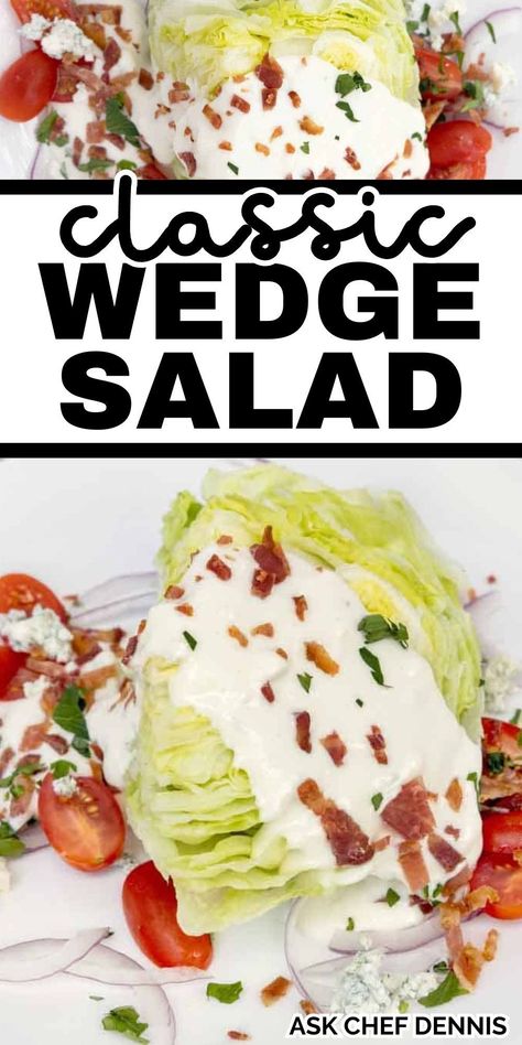 Who doesn't love a Classic Wedge Salad? Crisp iceberg wedges are topped with crispy bacon crumbles, sweet red onion, cherry tomatoes, bleu cheese crumbles, and a homemade bleu cheese dressing! It’s made with simple ingredients that go so well together. The crunchy iceberg lettuce is the canvas and the salty bacon bits, juicy tomatoes, and tangy bleu cheese crumbles help paint a delicious picture! Make it for an appetizer, lunch, or light dinner! Lettuce Wedge Salad Recipes, No Pasta Salad, Homemade Bleu Cheese, Iceberg Lettuce Recipes, Wedge Salad Dressing, Lettuce Wedge Salad, Classic Wedge Salad, Wedge Salad Recipe, Iceberg Wedge Salad