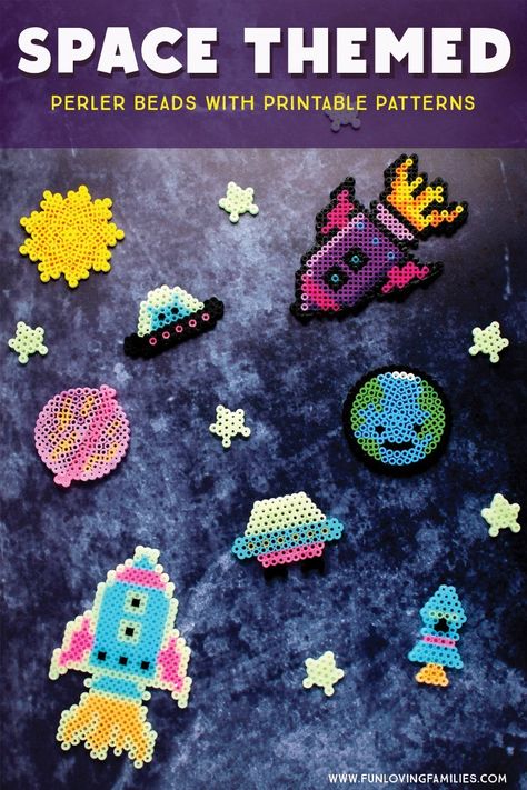 New space themed Perler Bead patterns for kids crafting fun. Some are small and easy and others are a little more detailed, but you can use our printable patterns to make it easier. Perfect indoor activity for crafty kids who love space! Pyssla Ideas, Craft Activity For Kids, Perler Bead Designs, Hamma Beads Ideas, Easy Perler Bead Patterns, Space Craft, Fuse Bead Patterns, Art Perle, Hama Beads Design