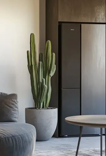 ↑↑↑ Larger size on website 🔸 A large potted cactus stands next to a black refrigerator in a modern, minimalist living space. The Tall Cactus Plants, Small Round Coffee Table, Tall Cactus, Large Cactus, Black Refrigerator, Potted Cactus, Indoor Cactus, Grey Sofa, Concrete Planter