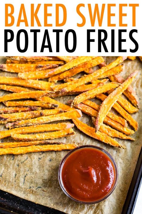 Satisfy your craving for fries with healthy baked sweet potato fries that are actually crispy! Perfect for serving alongside a burger or sandwich. #bakedsweetpotatofries #bakedfries #sweetpotatofries #eatingbirdfood Homemade Sweet Potato Fries, Potato Fries Baked, Baked Sweet Potato Fries, Sweet Potato Recipes Fries, Eating Bird Food, Sweet Potato Fries Baked, Sweet Potato Slices, Baked Fries, Appetizers Recipes