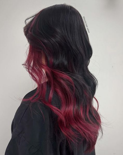 Peekaboo Hair Color Red And Black, Black Hair With Red Underlayer, Black With Red Peekaboo Hair, Burgundy Hair With Black Underneath, Black Hair Red Peekaboo, Deep Violet Raspberry Balayage, Dark Hair With Red Peekaboo, Black And Cherry Hair, Dark Brown And Red Hair Underneath