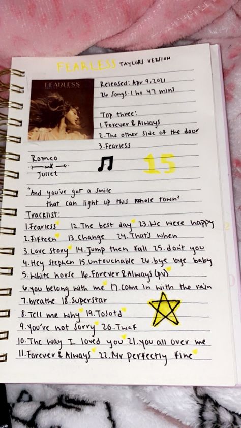 Drawing Ideas Taylor Swift Songs, Taylor Swift Notes Ideas, Fearless Taylor Swift Journal, Taylor Swift Confetti Ideas, Song Book Ideas, Song Book Journal, Taylor Swift Notes, Song Journal Ideas, Taylor Swift Writing