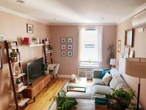 The Perfect Pink for a Home Office in a Small Living Room | Apartment Therapy Office Living Room Combo, Living Room Office Combo, Wfh Space, Narrow Living Room, Living Room Designs Small Spaces, Apartment Makeover, Small Apartment Living Room, Small Living Room Decor, Small Apartment Living