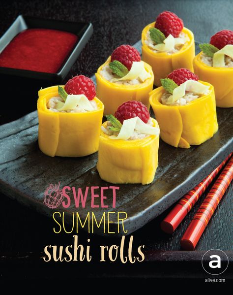 Sweet Mango Coconut Rolls (#vegan and #glutenfree dessert idea!). This is sushi like you've never seen it before. Sure to impress your guests! Sushi Fruit Rolls, Mango Sushi, Coconut Rolls, Sushi Dessert, Sweet Sushi, Fruit Sushi, Coconut Roll, Candy Sushi, Sushi Recipes Homemade