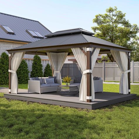 PRICES MAY VARY. [Sturdy Construction] - Crafted with an aluminum frame and powder coating, the main beams and posts of this gazebo are built to last, offering durability and corrosion resistance. Featuring 4.7" wide main posts, this outdoor canopy ensures enhanced security and stability. Diagonal braces between the main beams and posts further reinforce stability. Plus, the roof edge surface is hand-brushed, adding a touch of high-end elegance to its appearance. [Premium Materials] - This outdo Curtains For Patio, Waterproof Gazebo, Roof Waterproofing, Roof Edge, Gazebo Tent, Outdoor Canopy, Hardtop Gazebo, Patio Curtains, Patio Backyard