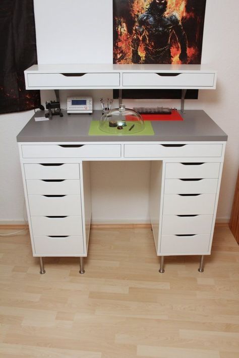 an Alex desk made standing with an additional Ekby Alex unit on top Small Desk Table, Ikea Alex Desk, Contemporary Home Offices, Alex Desk, Ikea Alex Drawers, Alex Drawer, Ikea Alex, Ikea Desk, Table With Drawers