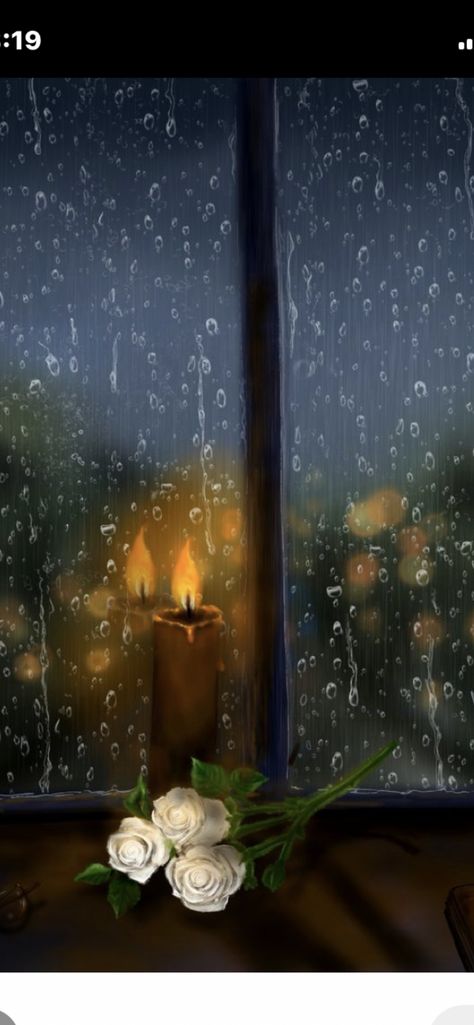 Rainy Window With Candle, Looking Through A Window Art, Window Reflection Painting, Window View Painting Easy, Night Window Painting, Rainy Window Drawing, Rainy Window Painting, Cozy Wallpapers, Curtain Painting