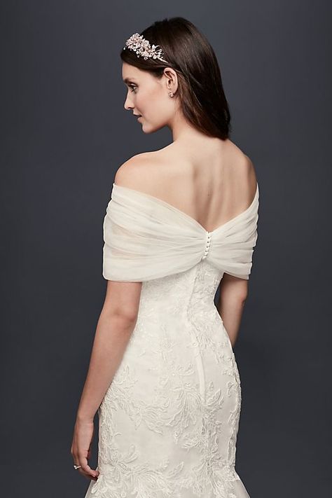 Pleated Tulle Off-the-Shoulder Wrap | David's Bridal Dress Coverup Ideas, Wedding Dress Topper, Wrap Wedding Dress, Wedding Dresses Kleinfeld, Dress Topper, Pleated Tulle, Off Shoulder Wedding Dress, Bridal Hair Inspiration, Wedding Dress Belt