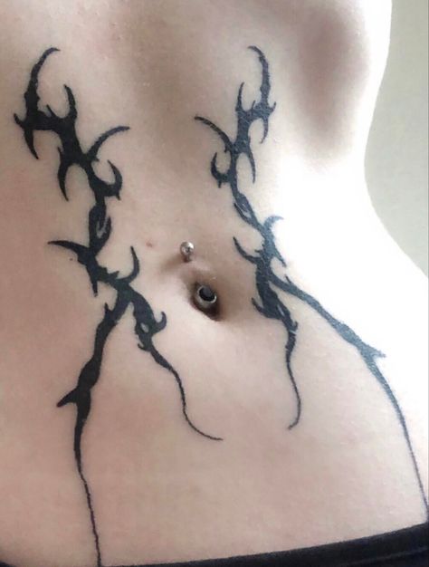 edgy, grunge, goth, emo, dark Edgy Stomach Tattoo, Tattoo Ideas Crazy, Alt Style Tattoos, Neotribal Stomach Tattoo, Aesthetic Stomach Tattoo, Sick Back Tattoos, Cool Body Tattoos, Cybersigilism Stomach Tattoo, Tattoo Designs Grunge