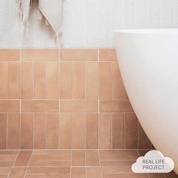 Terracotta Tile Bathroom Floor, Easy House Updates, Herringbone Floor Bathroom, Peach Tile Bathroom, Shower Floor Tiles, Peach Terracotta, Tree House Interior, Henley Homes, Terracotta Floor Tiles