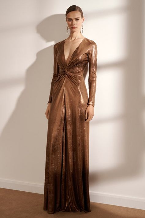 Ralph Lauren Spring 2015, Bronze Dress, Ralph Lauren Womens Clothing, Sequin Evening Gowns, Ralph Lauren Style, Deep Plunge, Product Development, Sparkly Dress, Ralph Lauren Dress