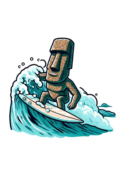 Moai is surfing in the ocean. The moai is an Easter Island sculpture. #moai #easterisland #surf Space Tattoos, Surf Painting, Iphone 6 Plus Wallpaper, Gold Map, Gym Wallpaper, Album Artwork Cover Art, Map World, Silhouette Cameo Machine, Space Tattoo