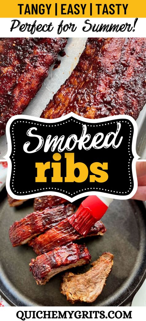 Two graphics depicting smoked baby back ribs. Beef Back Ribs Recipe, Smoked Beef Ribs Recipe, Grilled Beef Kabobs, Cheesy Beef Enchiladas, Slow Cooked Steak, Smoked Baked Beans, Smoked Beef Back Ribs, Grilled Beef Ribs, Air Fryer Meatballs