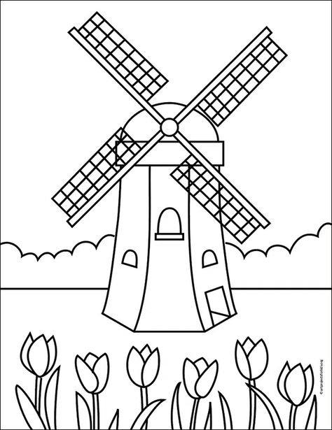 How To Draw A Windmill, Windmills Drawing, How To Draw A Windmill Step By Step, Windmill Drawing Simple, Windmill Coloring Page, Wind Mill Drawing, Dutch Windmill Craft, Windmill Drawing, Dutch Windmill Drawing