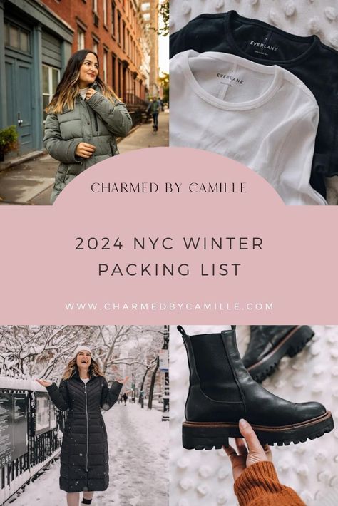 Winters in New York can be chilly and it can be difficult to know what clothing to bring for a trip. Charmed By Camille today is sharing her 2024 NYC packing guide perfect for the winter season. From boots and coats to gloves and turtlenecks, make sure you bring everything you need for your next Winter vacation to New York! Follow for more packing guides, winter fashion trends, and NYC travel tips. Womens New York Winter Outfits, Winter Outfit In New York City, Womens Nyc Winter Fashion, What To Pack For New York In December, Outfits For New York In February, New York City Outfits Winter Puffer Jacket, New Years New York Outfit, New York Street Fashion Winter, Nyc Rainy Day Outfit Winter