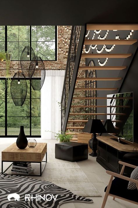 Salon industriel moderne avec mobilier en bois et acier et mur de briques Loft Salon Ideas, Living Room Downstairs, Sofa Noir Deco, Deco Loft, Industrial Style Interior Design, Diy Baby Room Decor, Modern Industrial Interior, Easter Wall Decor, Style Salon