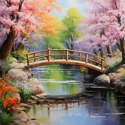 Spring Scenery Landscapes, Spring Scenery Painting, Bridge Scenery, Spring Landscapes, Watercolor Scenes, Bridge Over River, Park Painting, Spring Scenery, Bridge Painting