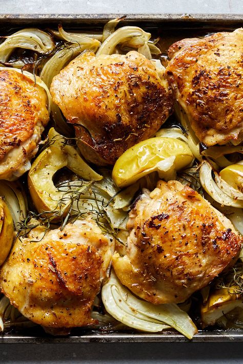 NYT Cooking: Chicken thighs are roasted with classic fall ingredients for a quick, flavorful sheet-pan supper. The toasted fennel seeds subtly amplify the anise flavor of the roasted fennel and play nicely with the apples and onions. Look for an apple on the tart side as it will naturally sweeten as it cooks in the oven. If you want to use bone-in chicken breasts you can, just make sure to cut the cooking t... Roasted Chicken With Fennel, Chicken And Fennel Recipes, Sheetpan Dinner Chicken, Nytimes Cooking, Caramelized Fennel, Fall Ingredients, Blackened Redfish, Fennel Recipe, Pan Roast