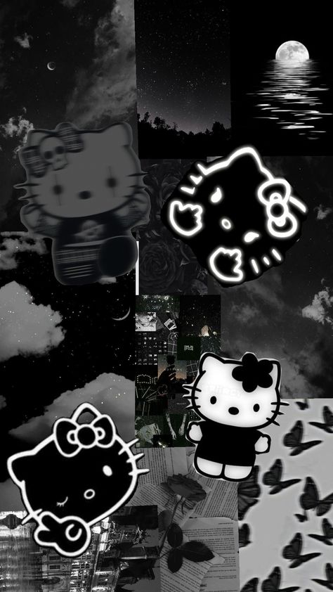 White And Black Hello Kitty Wallpaper, Hello Kitty Goth Wallpaper, Hello Kitty Wallpaper Emo, Dark Goth Wallpaper, Dark Hello Kitty Aesthetic, Dark Hello Kitty Wallpaper, Black Hello Kitty Wallpaper, Hello Kitty Dark, Hello Kitty Wallpaper Black