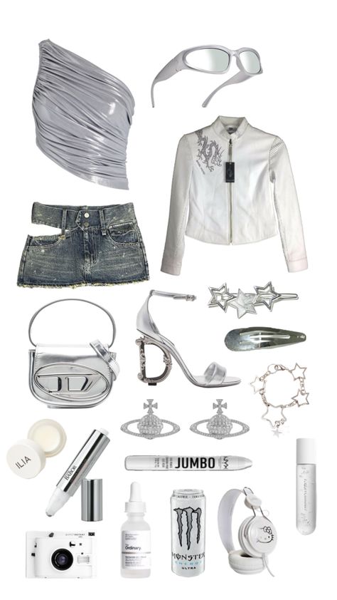 #silver #white #beauty #fashion #outfit #outfitinspo Chrome Silver Outfit, White And Silver Concert Outfit, Silver Fits Aesthetic, Silver Metallic Top Outfit, Silver Theme Outfit, Silver Hair Outfit Ideas, Y2k Silver Outfits, Silver White Outfit, Silver Rave Outfit