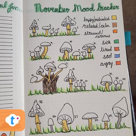 Mushroom Mood Tracker - Bullet Journal Inspiration. Mushroom Mood Tracker, Helping Hand Drawing, Mood Tracker Design, Mushroom Template, Sleep Tracker Bullet Journal, Tracker Bullet Journal, Bullet Journal Page, Bullet Journal Ideas Templates, Sleep Tracker